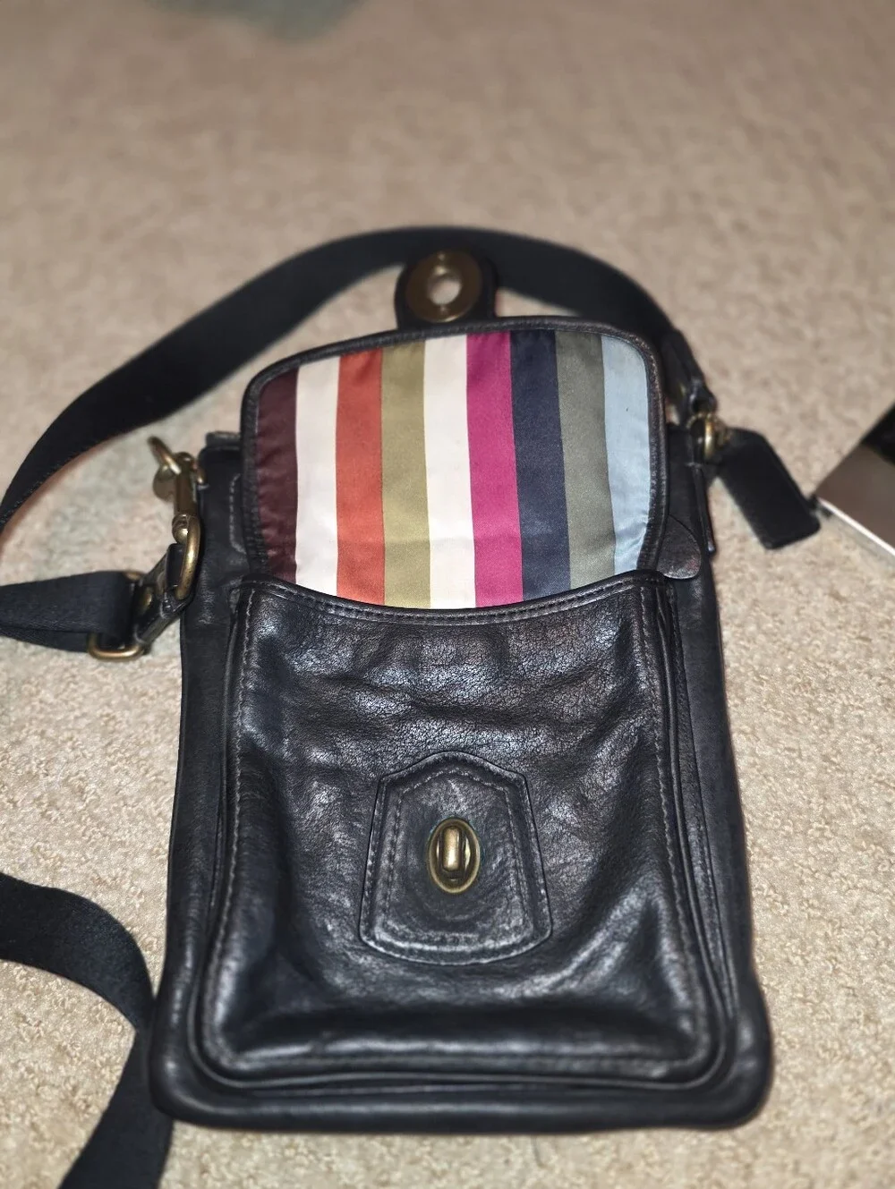Coach Black Leather LEGACY STRIPE Crossbody with Brass Turn-Lock  VERY GOOD Y2k